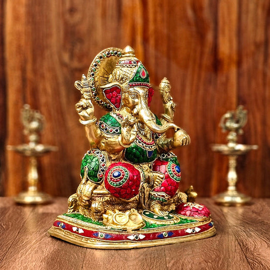 Ganesha Brass statue with stonework 13 inch unique meenakari - Budhshiv.com