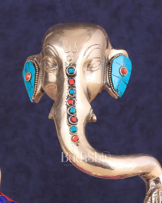 Ganesha Idol Abstract Brass with stonework 8.5 inch - Budhshiv.com