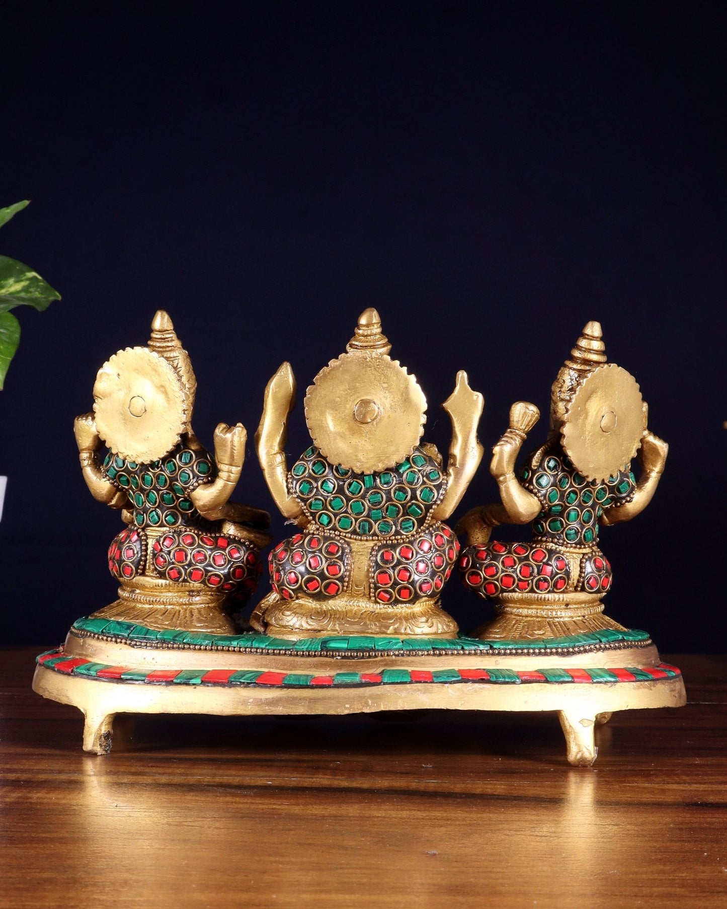 Ganesha Lakshmi Saraswati Brass Idols with meenakari stonework 6.5" - Budhshiv.com