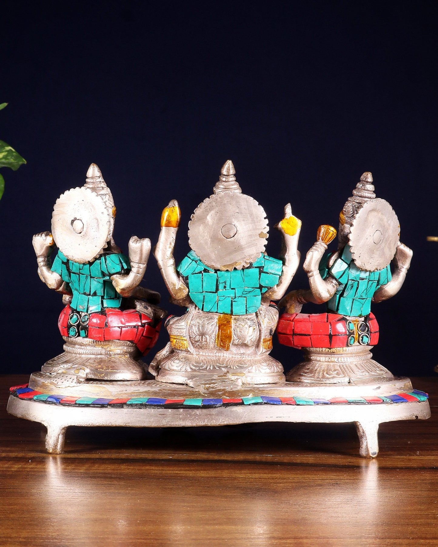 Ganesha Lakshmi Saraswati Brass Silver plated Idol with stonework 6.5" - Budhshiv.com