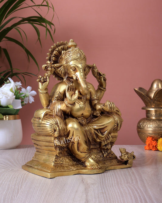 Ganesha on a sofa brass idol 10 inch - Budhshiv.com