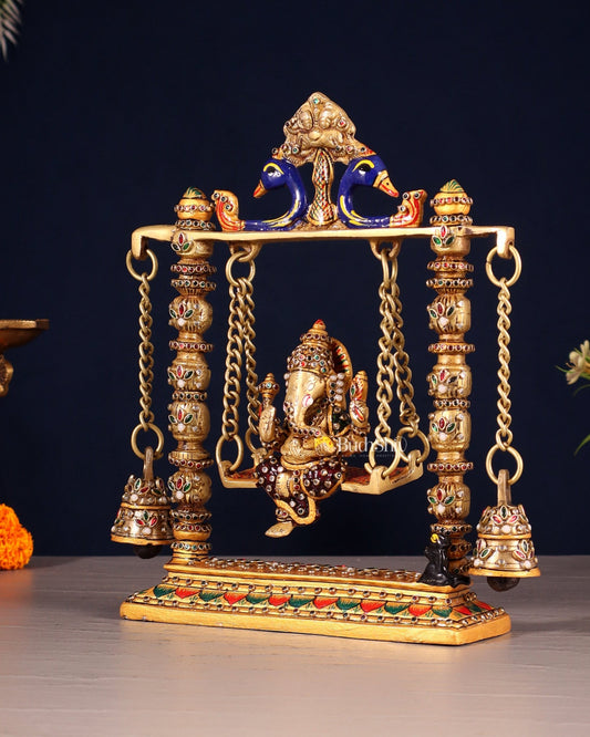 Ganesha on a swing pure brass laakh meenakari 10" - Budhshiv.com