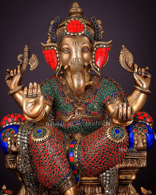 Ganesha Pure Brass statue with stonework - 18" - Budhshiv.com