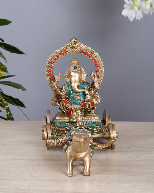 Ganesha with a mouse on a Rath Chariot showpiece gift - Budhshiv.com