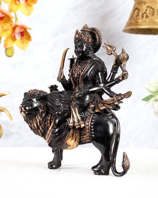 Goddess Durga Ambe Mata Sitting on Lion - 8" Tall brass idol black tone - Budhshiv.com