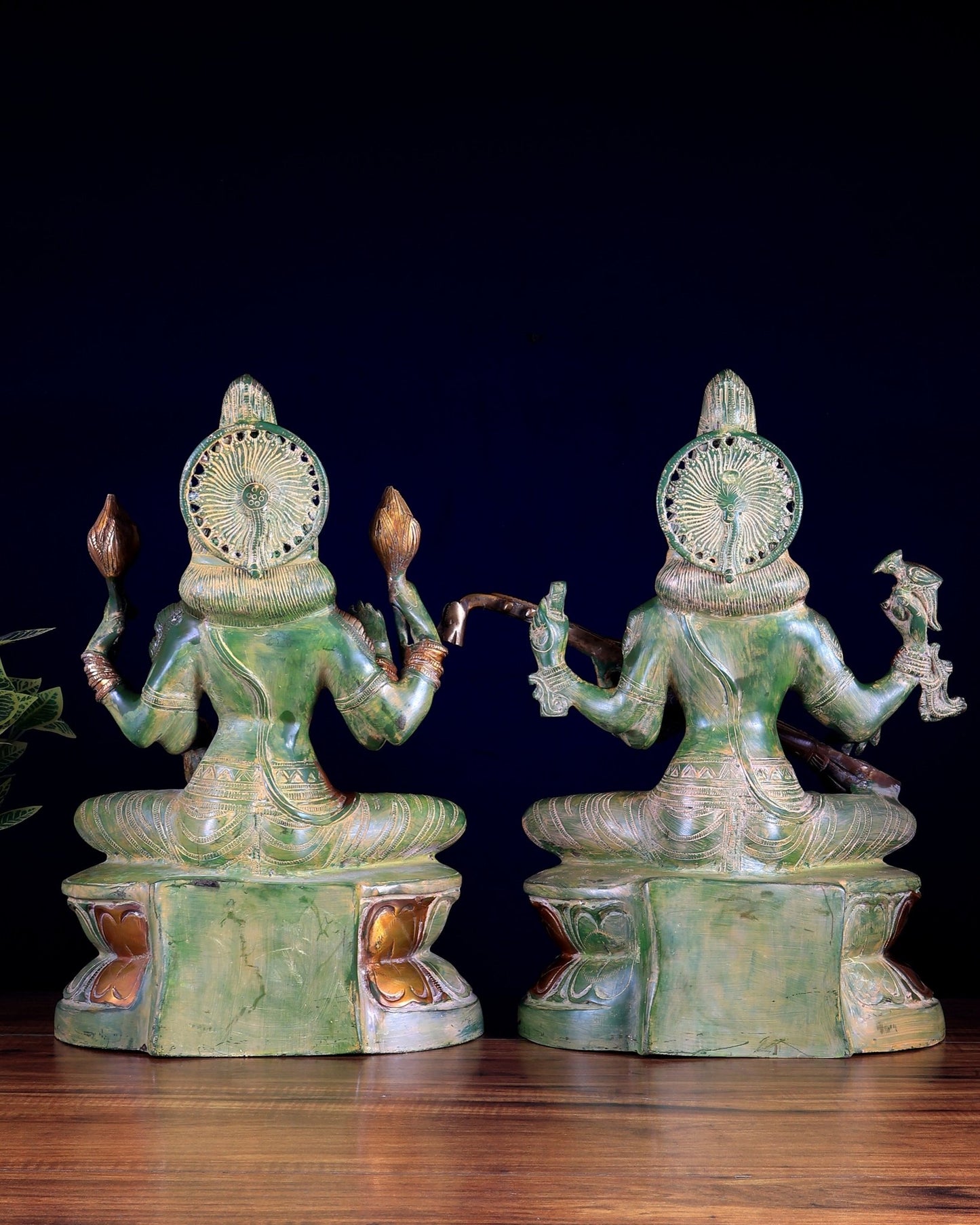 Goddess Lakshmi & Saraswati Brass Idol Pair – Vintage Green 18 inch - Budhshiv.com