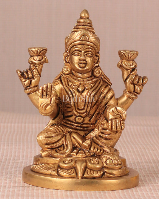 Goddess Lakshmi Seated on Owl - Pure Brass Superfine Idol, 4" - Budhshiv.com