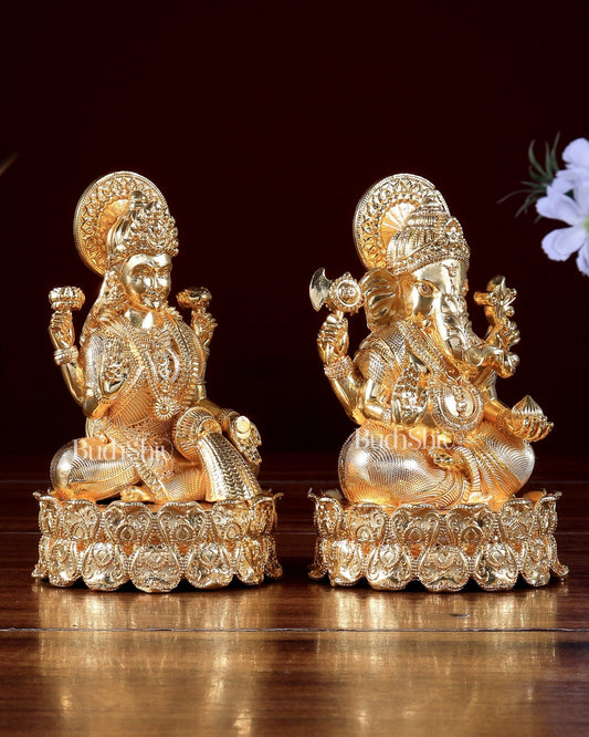 Gold plated Ganesha Lakshmi Brass Idols on Lotus Base 5.25 inch - Budhshiv.com