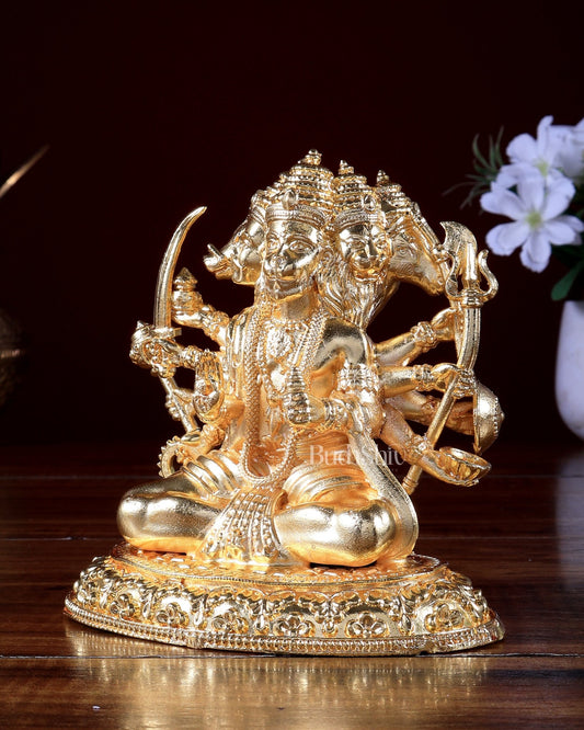 Gold plated Panchmukhi Hanuman brass Idol | Cross - Legged Pose - Budhshiv.com
