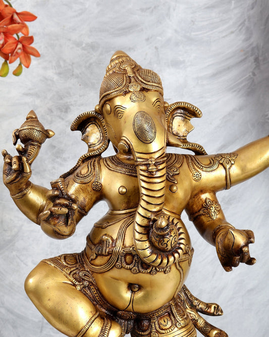 Golden Brass Dancing Ganesha Statue 25" - Budhshiv.com