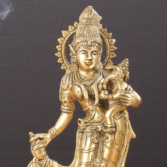 Graceful 11 - Inch Brass Goddess Parvati with Ganesha and Kartikeya Statue - Budhshiv.com