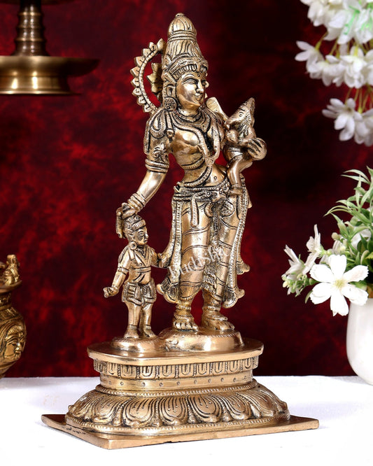 Graceful 11-Inch Brass Goddess Parvati with Ganesha and Kartikeya Statue - Budhshiv.com