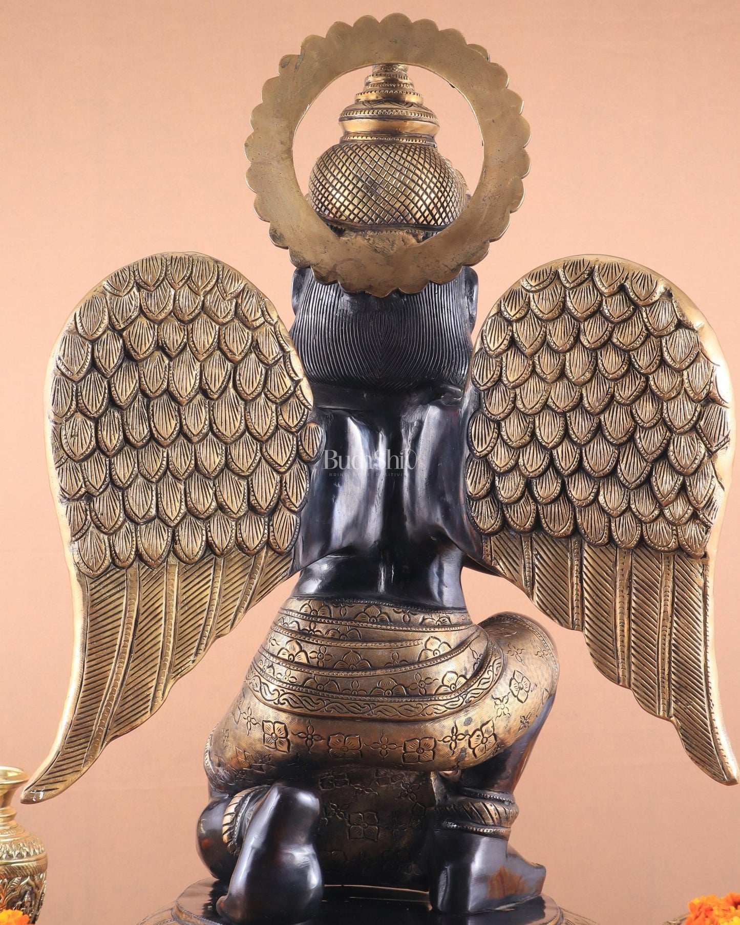 Grand Pure Brass Garuda Sculpture with Heat - Treated Vintage Black and Gold Finish - 28" - Budhshiv.com