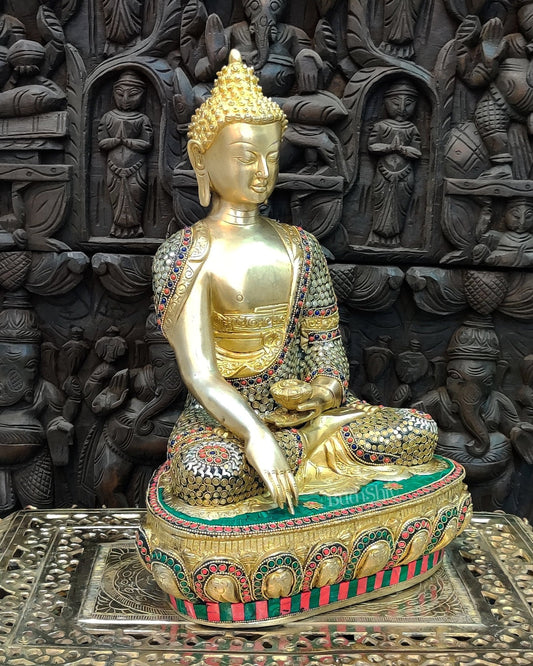 Hand - Carved Brass Buddha Statue - Earth Touching Mudra, 16" - Budhshiv.com