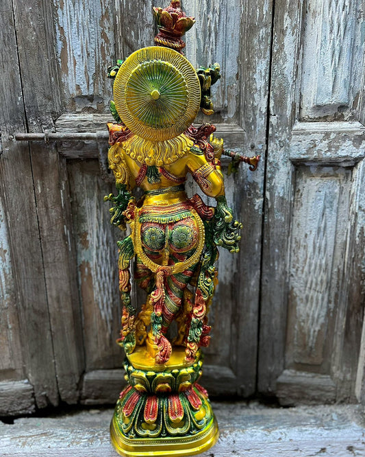 Hand - painted Brass Krishna Idol - Divine Beauty and Grace 29" - Budhshiv.com