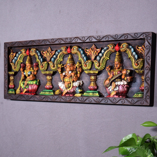 Hand - Painted Wooden Ganesha Lakshmi Saraswati Horizontal Wall Hanging – 24 Inch - Budhshiv.com