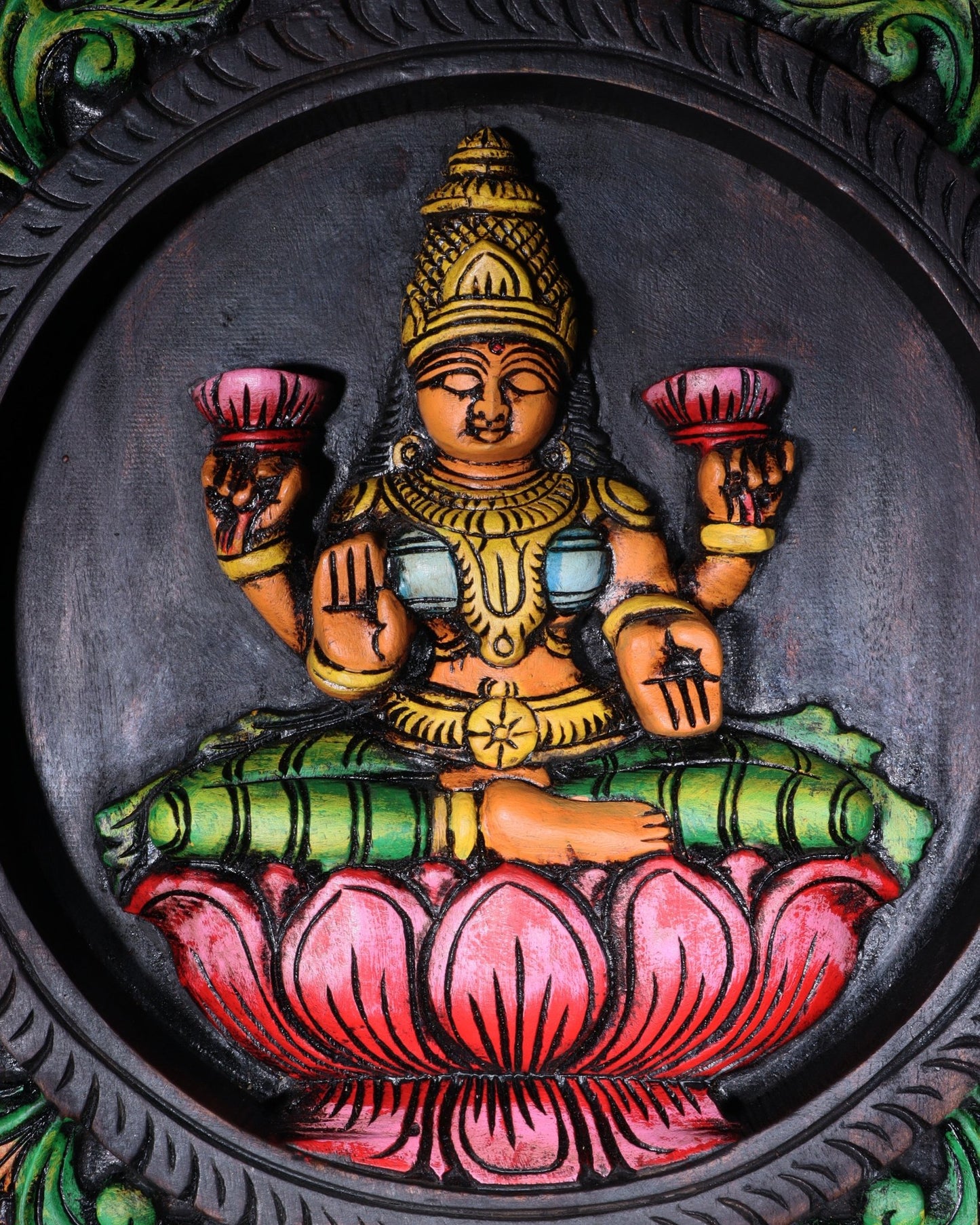 Hand - Painted Wooden Ganesha Lakshmi Saraswati Wall Hanging – 36 Inch - Budhshiv.com
