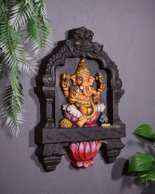 Hand - Painted Wooden Ganesha Wall Hanging with Lotus – 15 Inch - Budhshiv.com