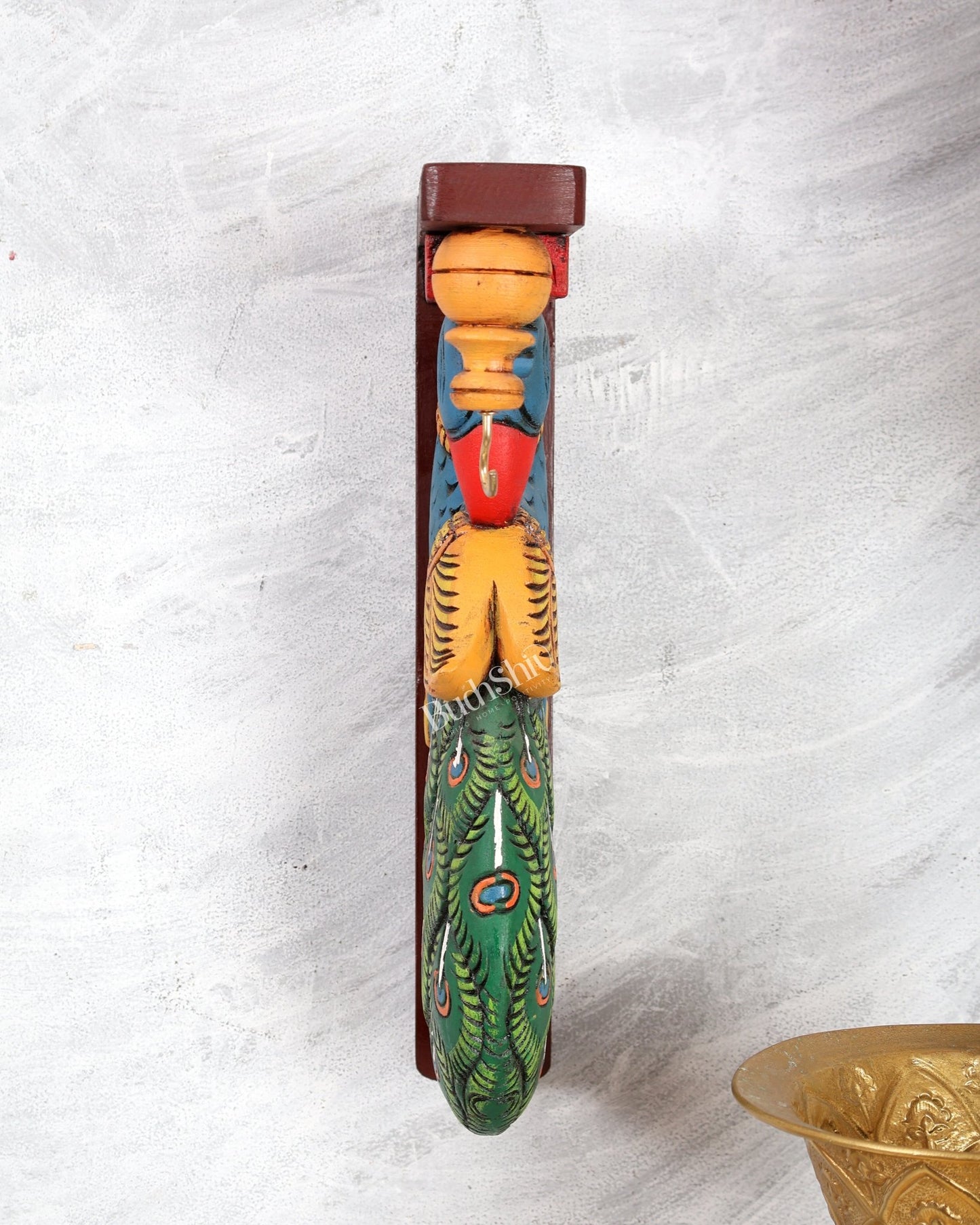 Hand - Painted Wooden Peacock Design Wall Hanging Bracket – Traditional Decorative Holder 13 inch - Budhshiv.com