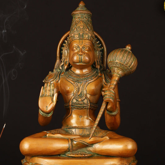 Handcrafted Brass Blessing Hanuman Sculpture - 18" Height, Antique Bronze Tone - Budhshiv.com
