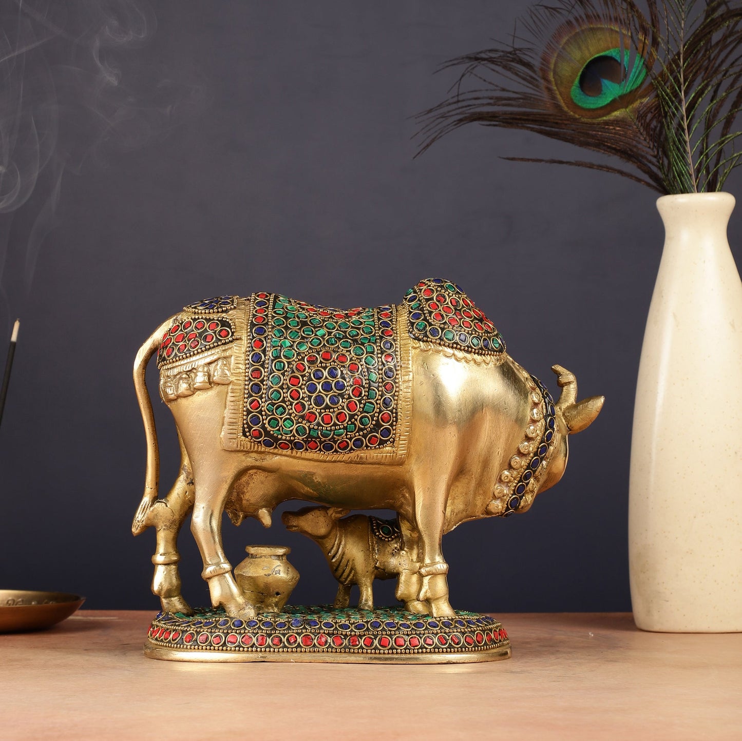Handcrafted Brass Cow and Calf Statue | 8.5" - Budhshiv.com