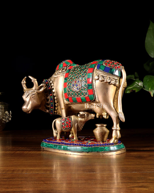 Handcrafted Brass Cow and Calf Statue with stonework 8.5" - Budhshiv.com
