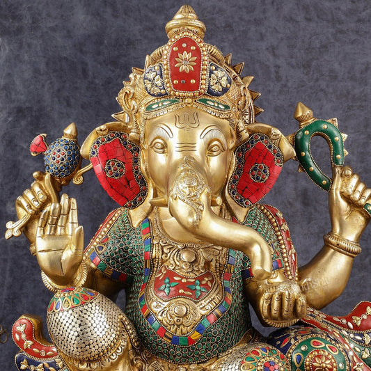 Handcrafted Brass Ganapathi Statue on Lotus Base - 21 - inch Tall - Budhshiv.com