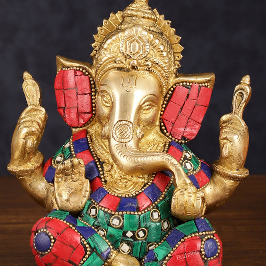 Handcrafted Brass Ganesha Idol with Golden Finish and Stonework - 6" Height - Budhshiv.com