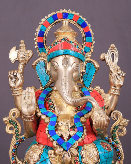 Handcrafted Brass Ganesha Idol with Meenakari Stonework - 12" - Budhshiv.com