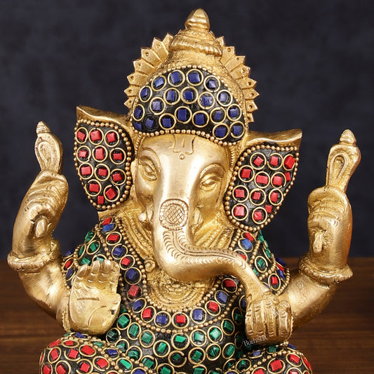 Handcrafted Brass Ganesha Idol with Stonework - 6" Height, Golden Finish - Budhshiv.com