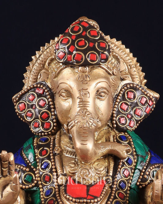 Handcrafted Brass Ganesha on Mooshak with Meenakari Stonework – 8.5" x 6.75" x 3.5" | Divine Elegance - Budhshiv.com