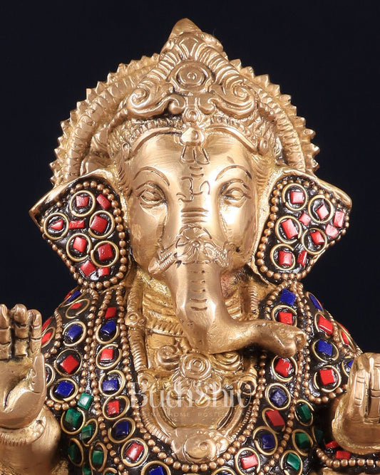 Handcrafted Brass Ganesha on Mooshak with Meenakari Stonework – 8.5" x 6.75" x 3.5" | Divine Elegance - Budhshiv.com