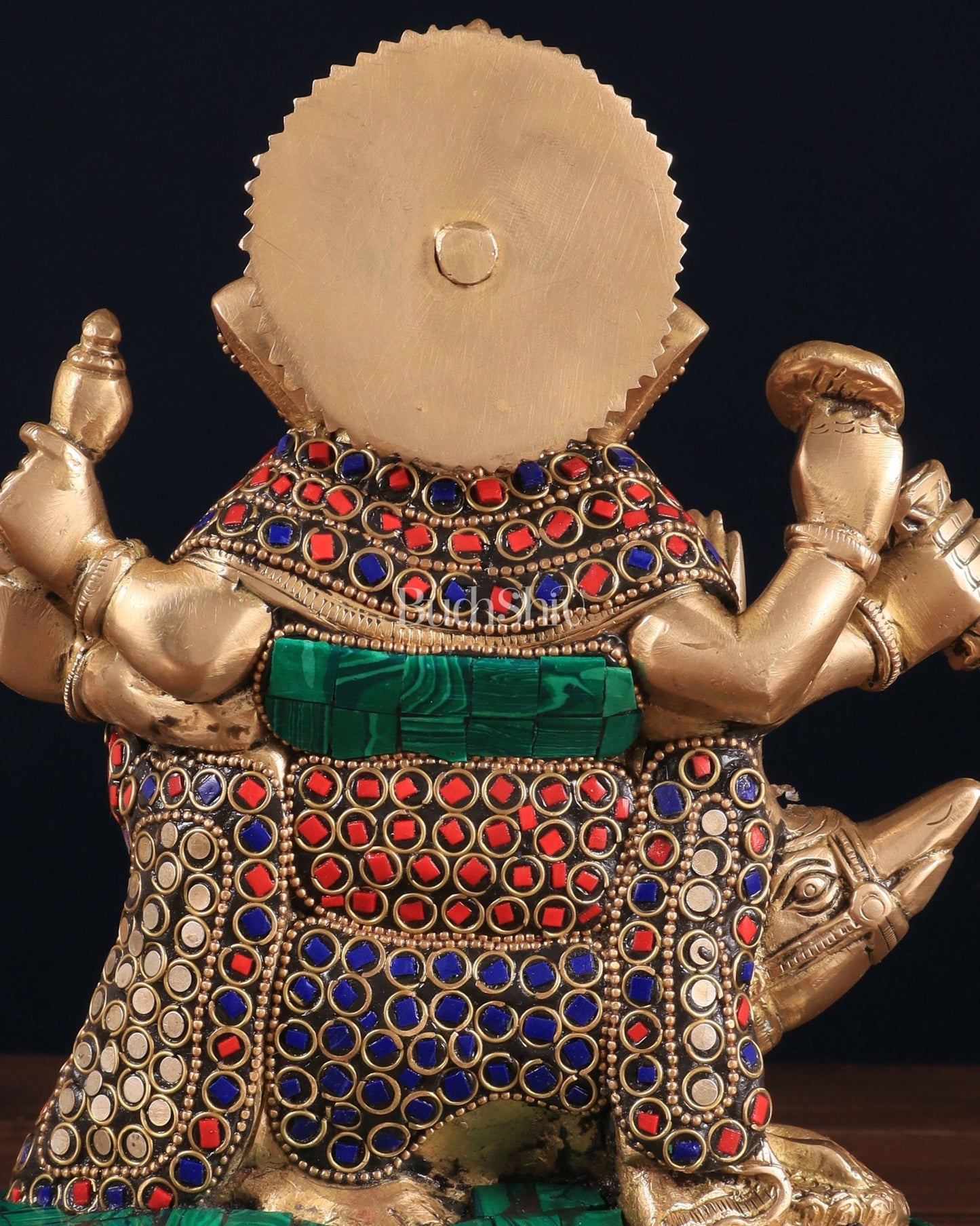 Handcrafted Brass Ganesha on Mooshak with Meenakari Stonework – 8.5" x 6.75" x 3.5" | Divine Elegance - Budhshiv.com