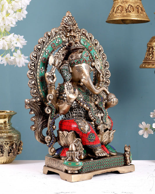 Handcrafted Brass Ganesha Statue antique stonework 18 inch pastel tone - Budhshiv.com