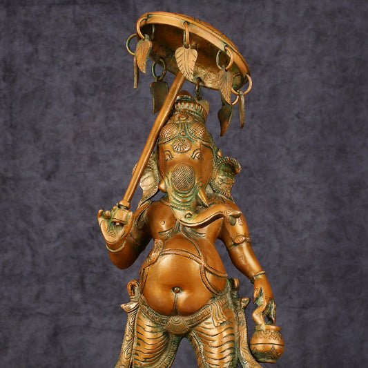 Handcrafted Brass Ganesha Statue with Umbrella and Kamandal - 15" Divine Sculpture - Budhshiv.com