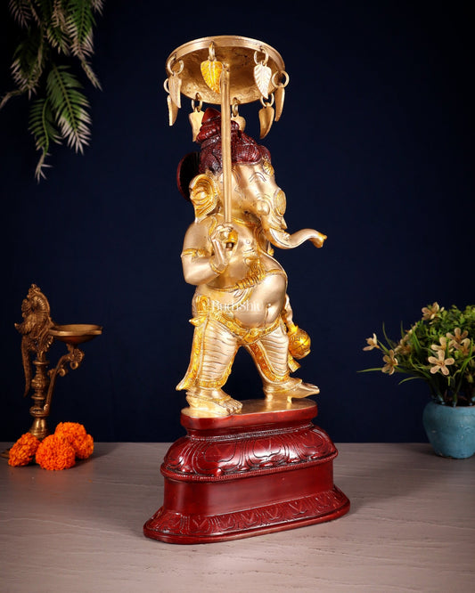 Handcrafted Brass Ganesha Statue with Umbrella and Kamandal - 15" - Budhshiv.com