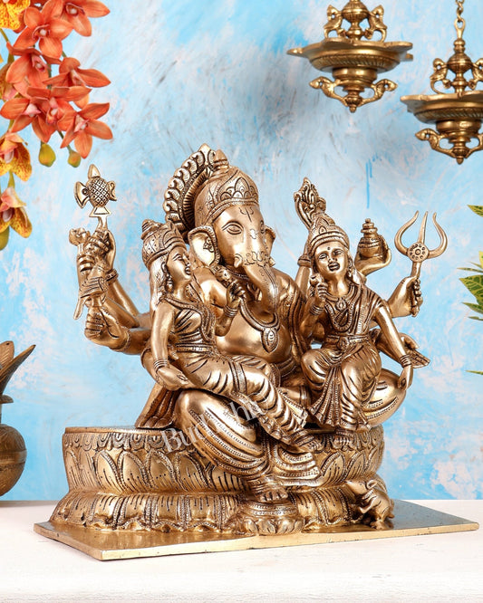 Handcrafted Brass Ganesha with Riddhi and Siddhi – 13.5 Inch - Budhshiv.com