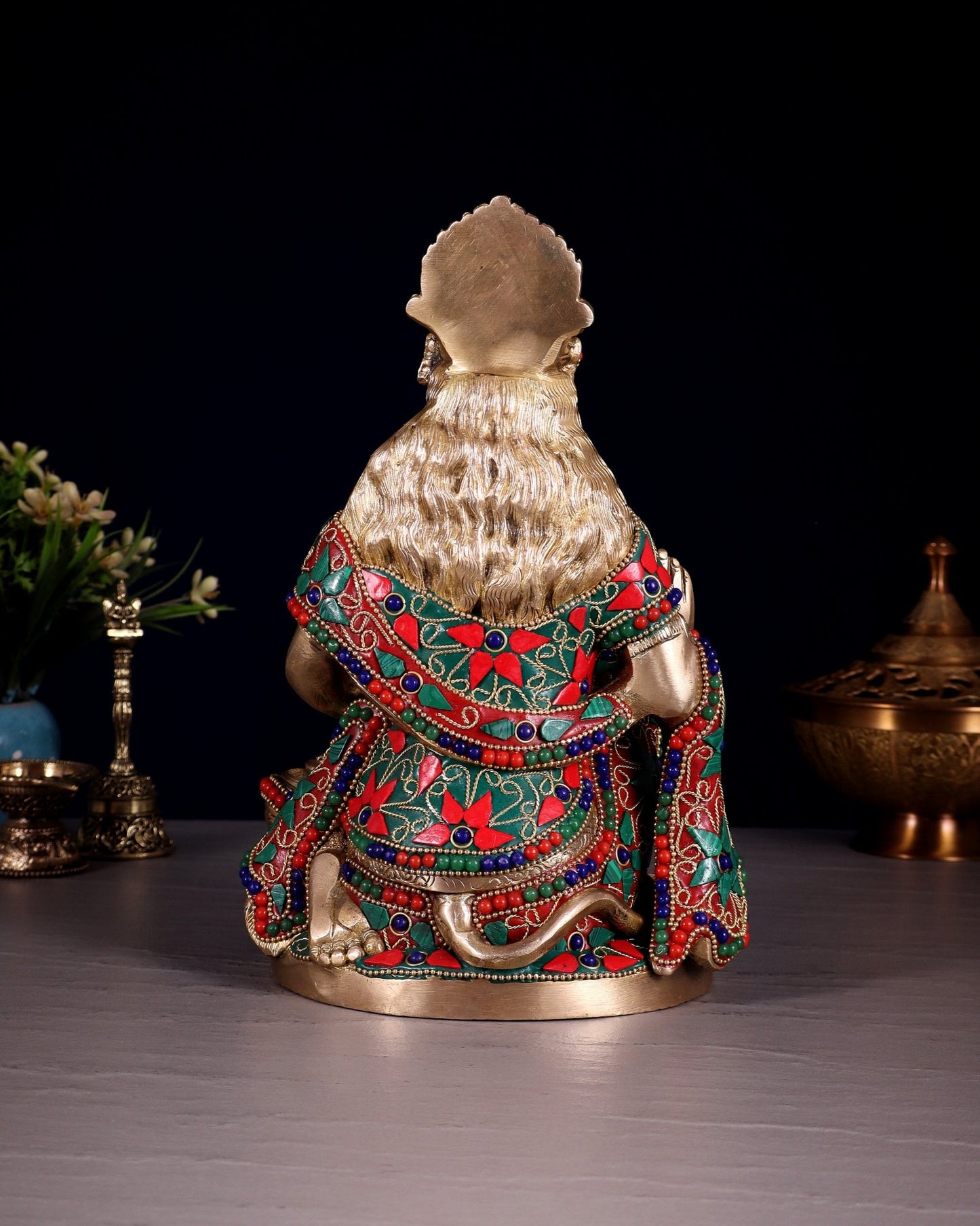 Handcrafted Brass Hanuman Idol - 9" with stonework - Budhshiv.com