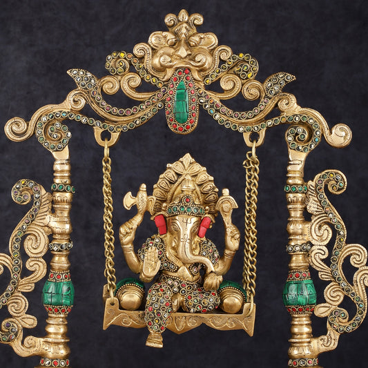 Handcrafted Brass Kirtimukha Ganesha on Swing with Stonework, 20" Height - Budhshiv.com