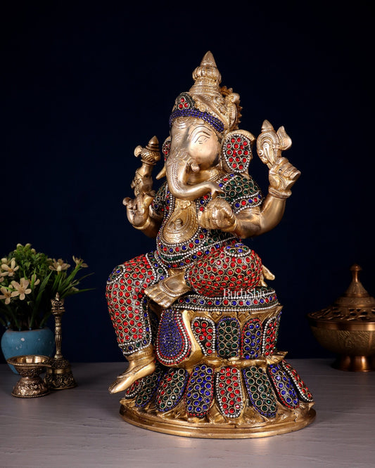 Handcrafted Brass Lord Ganesha Statue - 15" with jewellers meenakari - Budhshiv.com