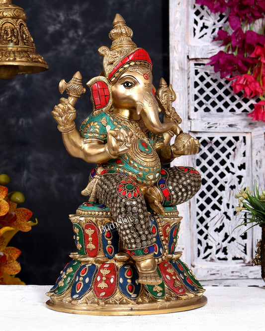 Handcrafted Brass Lord Ganesha Statue - 15" with meenakari - Budhshiv.com