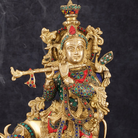 Handcrafted Brass Lord Krishna with Cow Statue - 17 Inch - Budhshiv.com