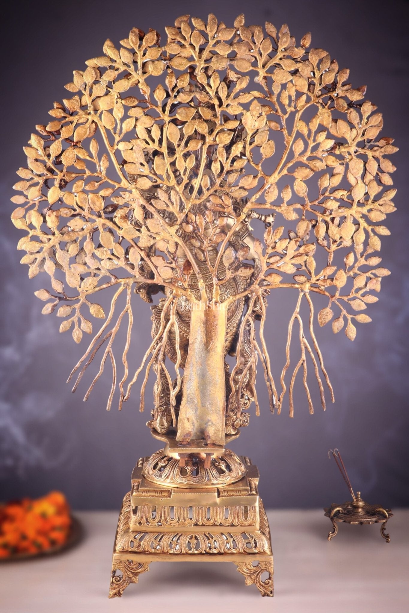 Handcrafted Brass Lord Krishna with Kalpavriksha Statue - 36 inch shiny gold - Budhshiv.com