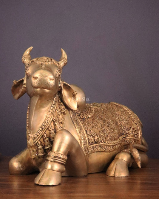 Handcrafted Brass Nandi Idol - 14.5" Height, 21" Width - Budhshiv.com