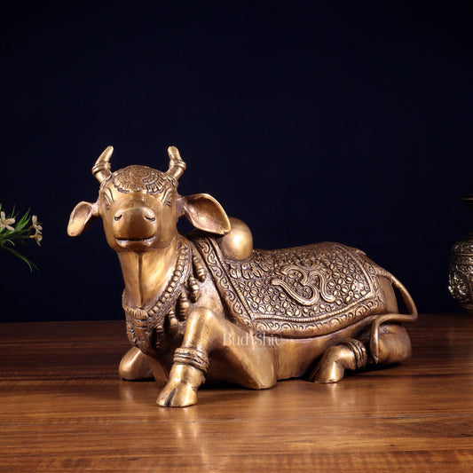 Handcrafted Brass Nandi Statue - 13.5 inch burnt brass tone - Budhshiv.com