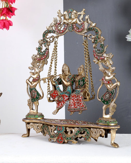 Handcrafted Brass Radha Krishna on Swing idol 18 inch with meenakari Stonework - Budhshiv.com