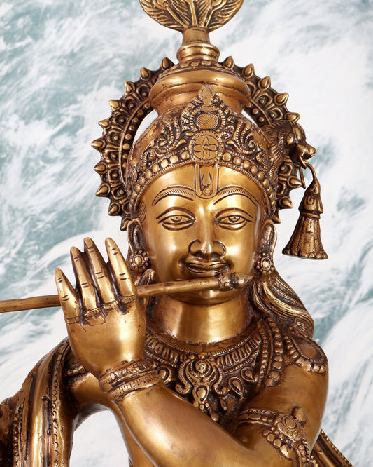 Handcrafted Brass Radha Krishna Statues - 36" Height vintage tone - Budhshiv.com