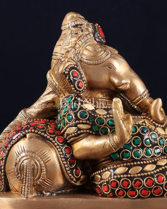 Handcrafted Brass Resting and reading Ganesha Table Accent stonework - 6 Inch - Budhshiv.com