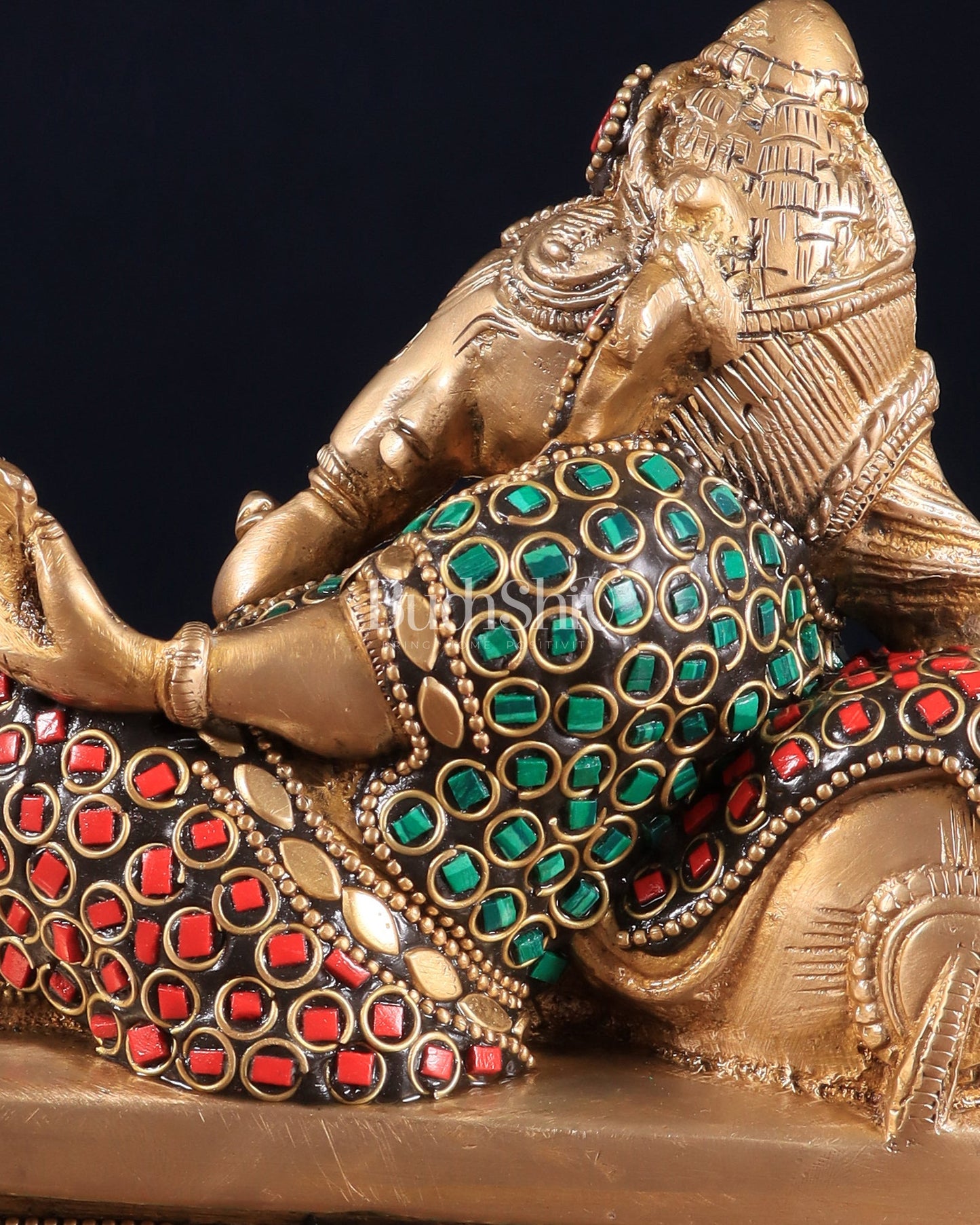 Handcrafted Brass Resting and reading Ganesha Table Accent stonework - 6 Inch - Budhshiv.com