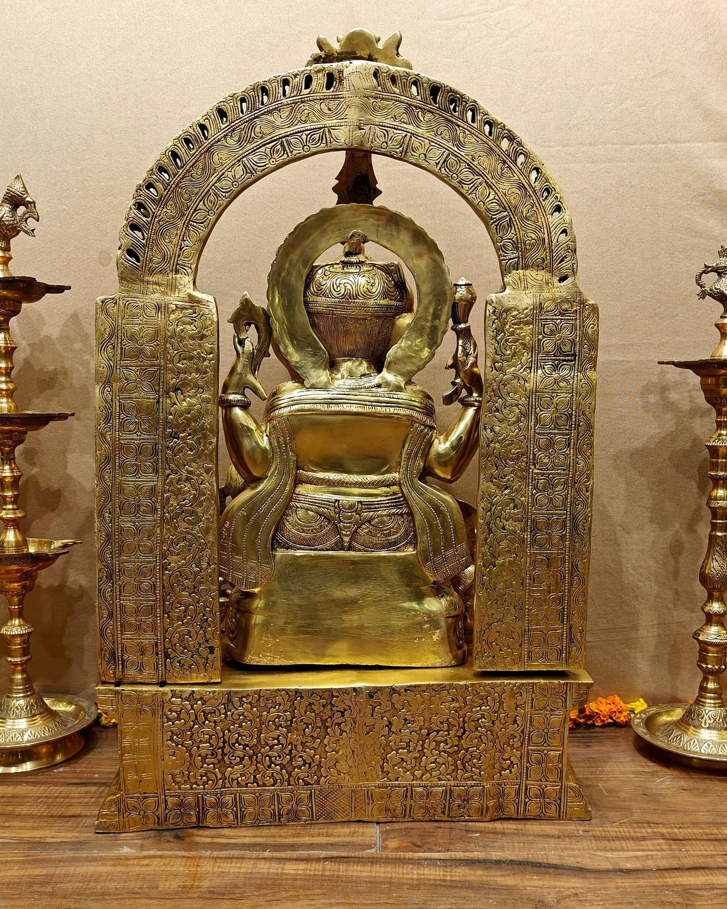 Handcrafted Brass Temple Ganesha Sculpture with Lakshmi and Saraswati | 33" Height - Budhshiv.com